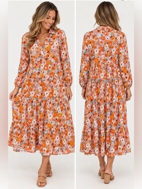 Liam & Co Women's Floral Tiered Midi Maxi Dress Orange Retro Boho 70s Sz Medium